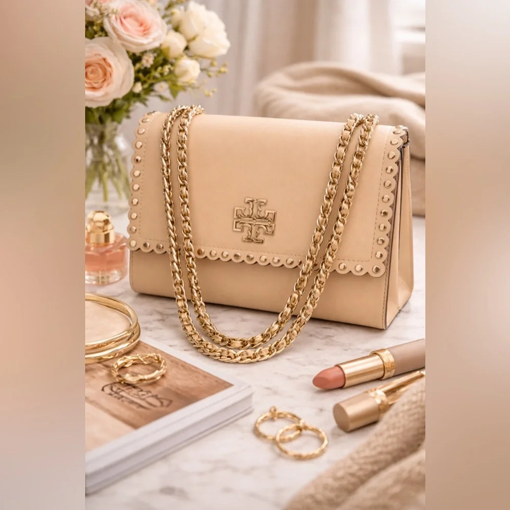 Tory Burch Britten Studs Set Light Nougat Bag + Wallet RARE Matching‎ Set